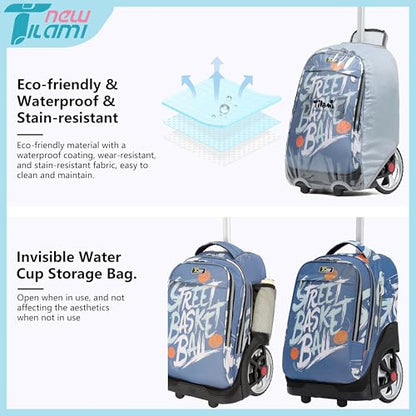 NEW TILAMI 19 Inch Rolling Backpack with Lunch Bag for Girls Boys Wheeled Laptop Backpack Durable Carry-on Bag School Travel, Street Basketball - color: Blue Street Basketball
