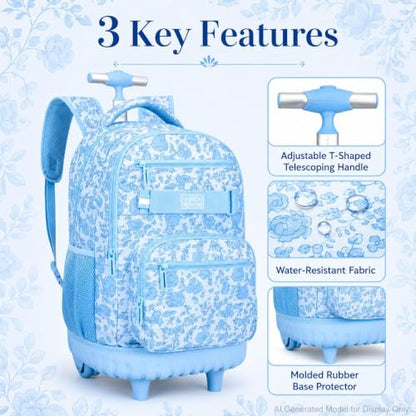 gxtvo Girls Backpack with Wheels, Women Roller Bookbag with Lunch Box for Adults, Water Resistant Wheeled School Bag for College Teens Kids Travel - Blue Flower - color: Girls Rolling Backpack Blue Flower