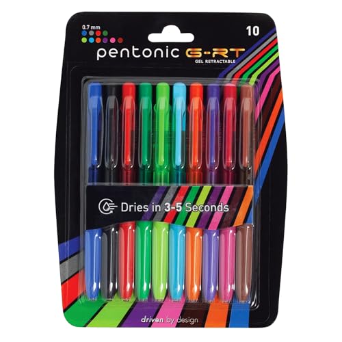 Pentonic G-RT Retractable Gel Pens, 10 Count, 10 Colors, 0.7 mm Fine Point Tip, Ergonomic Grip, Smooth Writing For Journaling, Pens for School & the Office (1016845)