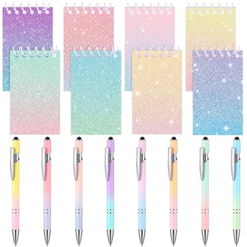 Sherr 16 Pcs Glitter Pens and Notebooks Set Mini Spiral Notepads Fancy Pens for Kids Girls Sparkly Sequins Journaling Ballpoint Birthday Gift Classroom Rewards (Dreamy Holographic Pastel,Candy Color) - color: Candy Color