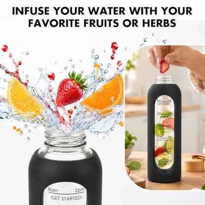 32 OZ Glass Water Bottles, Borosilicate Glass Bottle with Time Marker, 1 Liter Leak Proof Reusable BPA Free Motivational Water Bottles with Silicone Sleeve and Bamboo Lid (Black) - color: Black