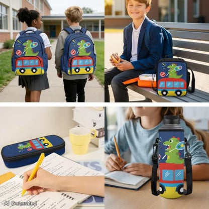 Cute Dinosaur Backpack for Kids 5-7 Girls Boys Backpack with Lunch Box Water Bottle Carrier with Strap and Soft Pencil Case Elementary 4PCS Set Bookbag Front Side Pocket 17 inch School Bag - color: Cute Dinosaur