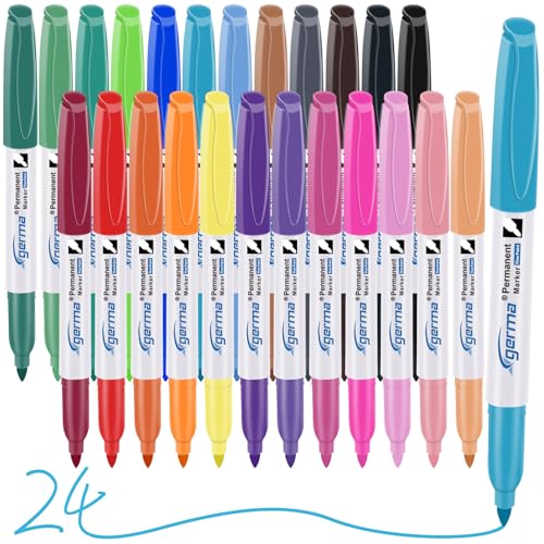 Cgerma Permanent Markers Assorted Colors, Fine Tip, 24 Vibrant Colored Permanent Markers, Waterproof, Fade-resistant, Works on Paper, Glass, Plastic, Metal for Kids, Adults, Office & School Supplies - color: 24 color