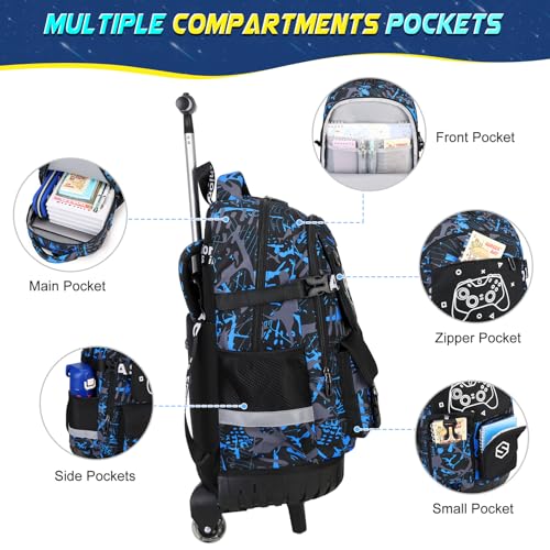 Scothen Rolling Backpack for Boys, Cool Luminous Gamer Roller School Backpacks for Boys with Lunch Bag and Pencil Pouch, Kids Backpack Bookbag with Wheels for Kindergarten Elementary Middle School - color: Blue