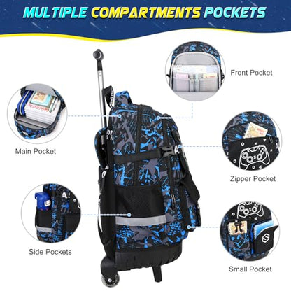 Scothen Rolling Backpack for Boys, Cool Luminous Gamer Roller School Backpacks for Boys with Lunch Bag and Pencil Pouch, Kids Backpack Bookbag with Wheels for Kindergarten Elementary Middle School - color: Blue