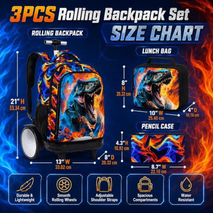 3Pcs Large Rolling Backpack for Boys, 20 Inch Detachable Wheeled Bookbag with Lunch Box, Durable Fire Dinosaur Roller Backpack for Elementary Middle School (Red) - color: Large Wheels Dinosaur Red