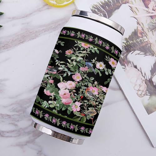 Spring Flower 10oz Stainless Steel Tumbler with Lid & Straw-Double Wall Vacuum Insulated Travel Mug Birds Flower Ethnic Pastoral Black Water Bottle Coffee Beverage Drinks Cup - size: 10 Ounces