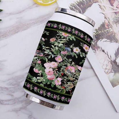 Spring Flower 10oz Stainless Steel Tumbler with Lid & Straw-Double Wall Vacuum Insulated Travel Mug Birds Flower Ethnic Pastoral Black Water Bottle Coffee Beverage Drinks Cup - size: 10 Ounces