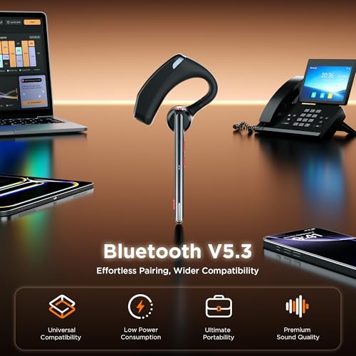 Bluetooth Headset V5.3, Wireless Headset with Dual Noise-Canceling Mics, Portable Charging Case, 300H Standby Time, Hands Free Headphones for PC/Cell Phones, Trucker/Office/Work - color: Black