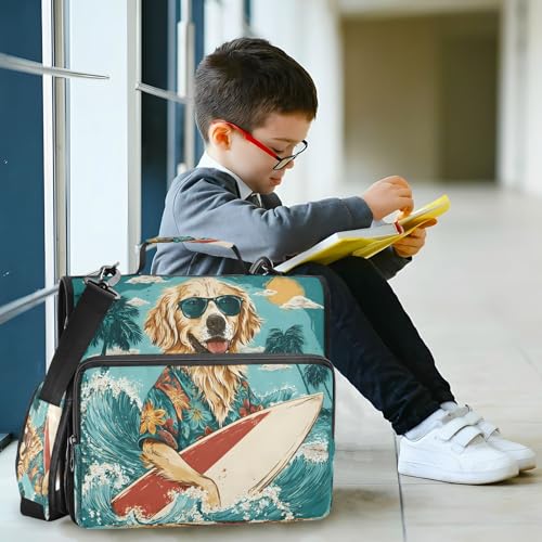 3-Ring Zipper Binder with Shoulder Strap Zip-Up Expanding File Folder Organizer Storage Fireproof Accordion Trapper Keeper Home School Office Three Butterfly (Puppy Surfboard)