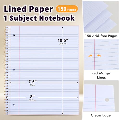 Spiral Notebook College Ruled Paper 8" x 10-1/2", 1 Subject Spiral Notebook 80GSM Paper, 3-Hole Punched Perforated Pages Ideal for School, Office, Writing, 75 Sheets Lined Journaling Notebook, Pink - color: Pink