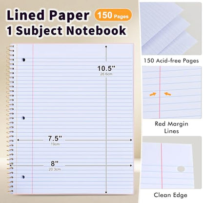 Spiral Notebook College Ruled Paper 8" x 10-1/2", 1 Subject Spiral Notebook 80GSM Paper, 3-Hole Punched Perforated Pages Ideal for School, Office, Writing, 75 Sheets Lined Journaling Notebook, Pink - color: Pink