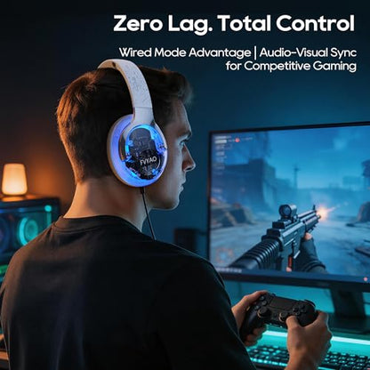 Bluetooth Headphones Over Ear with RGB Light | Foldable Lightweight Wireless Over Ear Headphone Bluetooth 6.0, 65H Playtime, Comfortable Breathable Working Gaming Travel - color: White