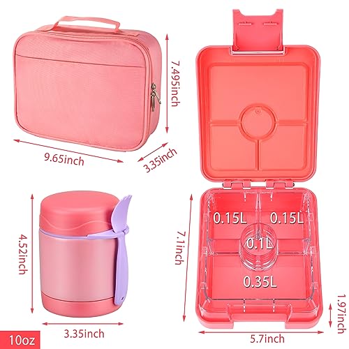 Bento Lunch Box Set for Kids with 10oz Soup Thermo, Leak-Proof Lunch Containers with 4 Compartment, Kids Thermo Hot Food Jar and Insulated Lunch Bag for Kid to School,BPA-Free(Pink) - color: Pink