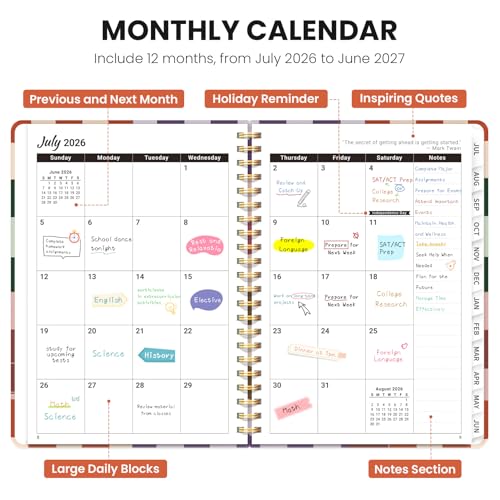 Planner 2026-2027, Academic Planner Weekly and Monthly, Jul 2026 - Jun 2027, Spiral Bound School Planning Tool with Tabs and Pocket, Perfect for Students & Teacher, 6.3" x 8.5", Checkered - color: Checkered, size: 6.3"x8.5" (A5)