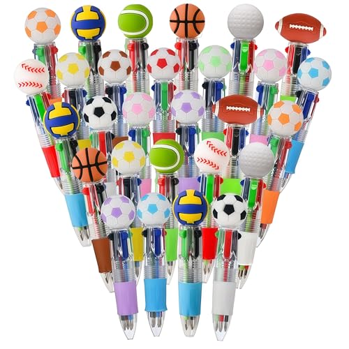 30 Pcs Mini Multicolor Ballpoint Pens, 4-in-1 Ink Color Pens with Sports Ball Toppers, Cute Kawaii Retractable Pens for School Supplies, Classroom Rewards, Birthday Party Favors, Goodie Bags - color: Sport