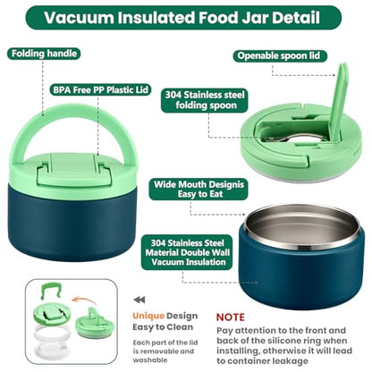 Bento Lunch Box for Kids with 8oz Soup Thermo,Kids Leakproof Lunch Food Containers with 4 Compartment,Kid Insulated Thermo Hot Food Jar for School,Trvael-Green - color: Green