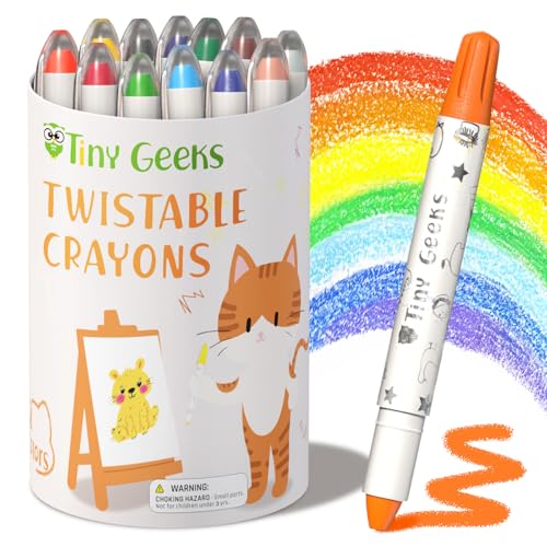 TinyGeeks 12 Twistable Crayons - Non Toxic, Washable Crayons for Toddlers, Kids Ages 3-8 - Easy To Hold - Perfect Coloring Gift for Boys and Girls - Unleash Colorful Fun - size: 12 Count (Pack of 1)