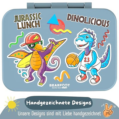 BEARFOOT Kids Lunch Box with Compartments – Compact & Lightweight | Leak-Proof, BPA-Free, Dishwasher Safe | Hand-Drawn Design for Preschool, School, Travel (Dinos Blue, 2.75 Cups) - color: Dinos-Blue, size: 2.75 Cups