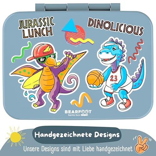 BEARFOOT Kids Lunch Box with Compartments – Compact & Lightweight | Leak-Proof, BPA-Free, Dishwasher Safe | Hand-Drawn Design for Preschool, School, Travel (Dinos Blue, 2.75 Cups) - color: Dinos-Blue, size: 2.75 Cups