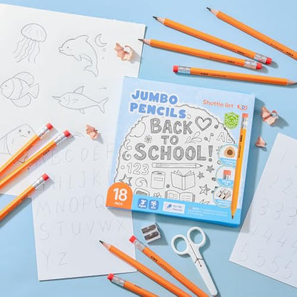 Shuttle Art Jumbo Pencils - 18 Pack Triangle Pre sharpened Pencils #2 HB with Top Erasers & Sharpener, for kids Ages 4-8, Kindergarten School Supplies, Ideal for Home, Classroom - size: 7.6 Inch
