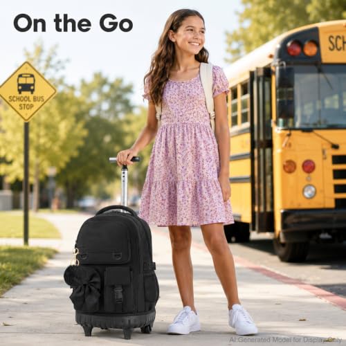 HPJGD 3PCS Girls Backpack with Wheels, Black Bow Tie Roller School Backpacks, Water-Resistant Rolling Wheeled Bookbag Set - color: Black Bowknot Rolling Backpack Set