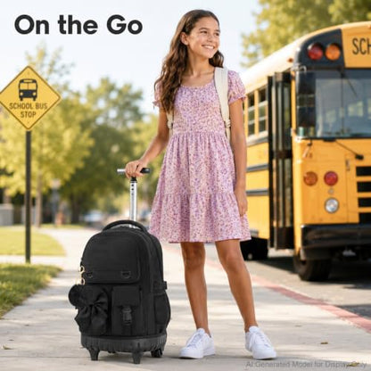 HPJGD 3PCS Girls Backpack with Wheels, Black Bow Tie Roller School Backpacks, Water-Resistant Rolling Wheeled Bookbag Set - color: Black Bowknot Rolling Backpack Set