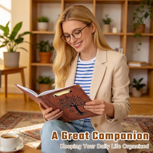 Ovesmusl 1 Inch 3 Ring Binder with Clipboard Leather Round Ring Binder with 5 Dividers, Plastic Folder, 400 Divider Stikers, Fits 175 Sheets 8.5"x11" Letter Size Paper, Tree of Life Brown - color: Brown Tree