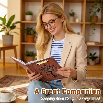 Ovesmusl 1 Inch 3 Ring Binder with Clipboard Leather Round Ring Binder with 5 Dividers, Plastic Folder, 400 Divider Stikers, Fits 175 Sheets 8.5"x11" Letter Size Paper, Tree of Life Brown - color: Brown Tree