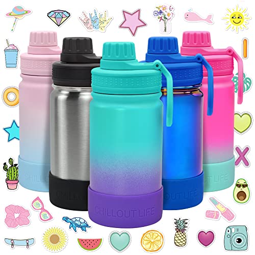 CHILLOUT LIFE 12oz Kids Insulated Stainless Steel Water Bottle with Leak Proof Spout Lid & 144 Stickers - color: Caribbean Lily, style: 12 oz