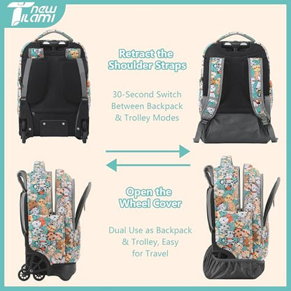 NEW TILAMI Rolling Backpack for Boy Suitcase School Adjustable Laptop Backpack with Wheels for Girl to School Travel Camping Boys Backpack Cute Cats 18 Inches | Water-Resistant Adjustable Trolley Handle Padded Back Panel Multiple Compartments Daily School