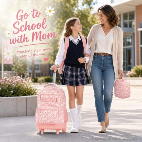AGSDON Rolling Backpack for Girls, Women Roller Wheels Bookbag, Laptop Daisy Wheeled School Bag with Wheels for Teens - color: Daisy Pink 01