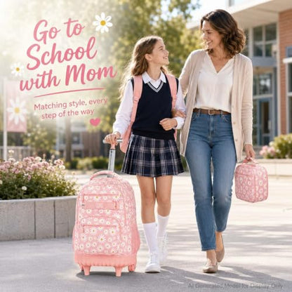 AGSDON Rolling Backpack for Girls, Women Roller Wheels Bookbag, Laptop Daisy Wheeled School Bag with Wheels for Teens - color: Daisy Pink 01