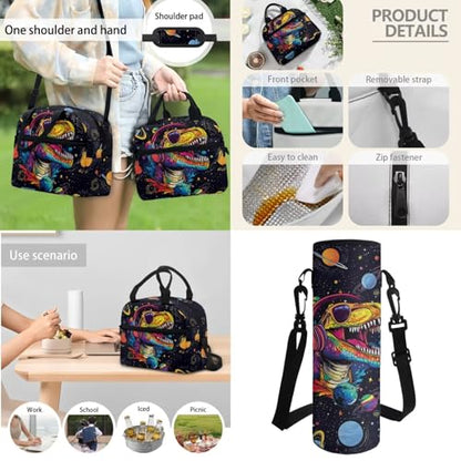 Horeset Dinosaur Galaxy Planet Backpack for Kids Boys 5-6 -6-8 8-10 10-12 Years School Bookbag Set with Water Bottle Cover Picnic Lunch Bag Lightweight Primary Middle School Bags Rucksack - color: Dinosaur Galaxy Planet