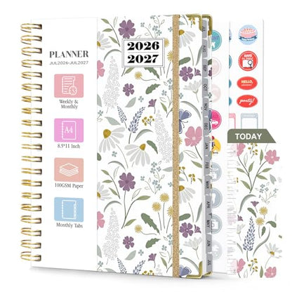 Planner 2026-2027, Weekly and Monthly Academic Planner, Jul 2026 - Jul 2027, 8.5"x11" Large Hardcover Daily Planner Calendar with Tabs for Women, Year Planning Agenda for Teacher and Student (Flowers-1) - color: Flowers-1