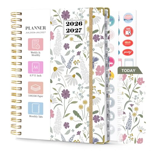 Planner 2026-2027, Weekly and Monthly Academic Planner, Jul 2026 - Jul 2027, 8.5"x11" Large Hardcover Daily Planner Calendar with Tabs for Women, Year Planning Agenda for Teacher and Student (Flowers-1) - color: Flowers-1