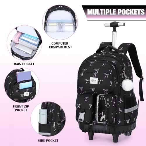 ACESAK Rolling Backpack for Girls, Roller Backpack with Lunch Bag & Pencil Pouch for Teen Girls Kids, Bookbag Backpack with Wheels for Women Elementary Middle High School Travel (Black Bow) - color: Black Bow