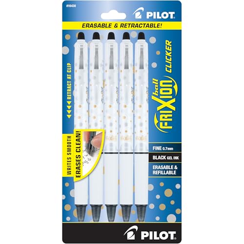 Pilot FriXion Clicker Erasable Design Collection Dots, Refillable & Retractable Gel Ink Pens, Fine Point 0.7mm, Black Ink, 5-Pack