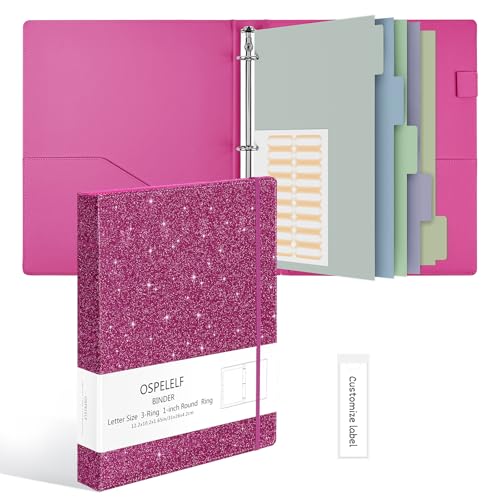 Ospelelf Vintage Hardcover 3 Ring 1 inch Leather Binder, Professional Binders Organizer Suitable for Letter Size Documents, Binder Dividers with Tabs, Glitter Rose Red - color: Glitter Rose Red, size: Letter Size - 1 Inch Ring