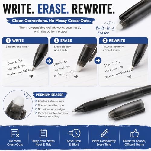 Volcanics Erasable Gel Pens, 0.7mm Fine Point Gel Erasable Ink Pens with Eraser - Rocket Book Pens, Soft Black and Blue, 12 Pack, Smooth Writing Pens Pencil-Like Precision for Home School & Office - color: Black and Blue, size: 1 Count (Pack of 12)