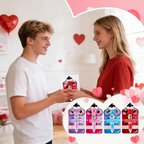 Vellibring 30 Pack Valentines Fun Pens with Cards 0.7mm Cute Animal Multicolor Ballpoint Pens Retractable 4 Colors in One Valentines Stationery Party Favors School Supplies Students Rewards - style: Valentines Cards-30pcs