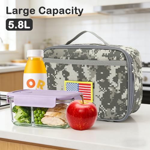 FlowFly Kids Lunch box Insulated Soft Bag Mini Cooler Back to School Thermal Meal Tote Kit for Girls, Boys, Free USA Flag Patch Included - color: Digital Camo with Flag