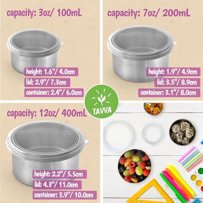 TAVVA Kids Snack Containers for School [12oz/ 7oz/ 3oz] - Stainless Steel Lunch Containers for Kids - Stainless Steel Lunch Box for Kid - Leakproof with Silicone Lids - Dishwasher & Freezer Safe - color: Transparent