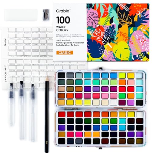 Grabie 100 Colors Watercolor Paint Set - 50 Regular, 35 Metallic, 10 Macaron and 5 Fluorescent Colors - Portable with Carrying Case, Water Brush Pens, and Accessories - For Beginners and Professionals, Set of 100 - color: 100 Colors