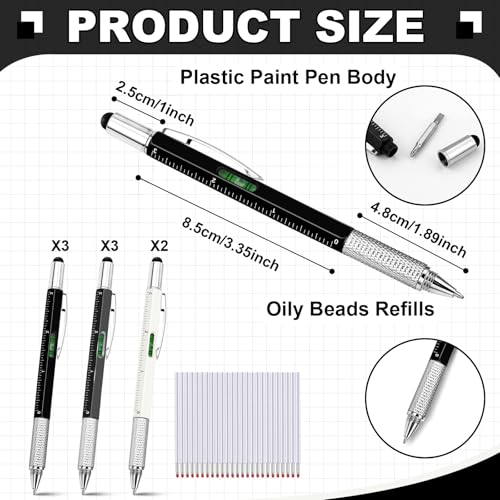 Zhanmai 8 Pcs 6 in 1 Multitool Pen Bulk Gift for Men Multi Tool Ballpoint Pen with Ruler Level Screwdriver Stylus Cool 20 Ink Refill Tool Gadget Birthday Christmas Stocking Stuffers (Black White Gray) - color: Black, White, Gray