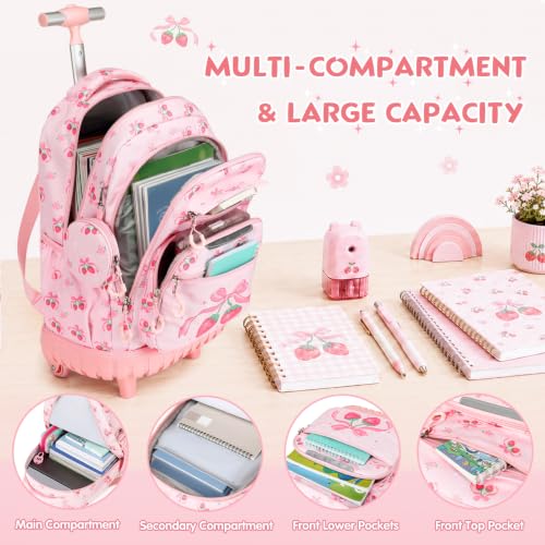Rolling Backpack for Girls, 3PCS Roller School Backpacks for Girls with Lunch Bag and Pencil Pouch, Kids Bookbag School Bag with Wheels for Kindergarten Elementary Middle School Travel - color: Pink Bow Cherry