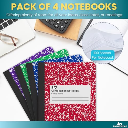 1InTheOffice Composition Notebooks College Ruled, Composition Book, College Ruled Composition Notebook, Assorted Colors 9.75 x 7.5, 4 Pack