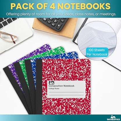 1InTheOffice Composition Notebooks College Ruled, Composition Book, College Ruled Composition Notebook, Assorted Colors 9.75 x 7.5, 4 Pack