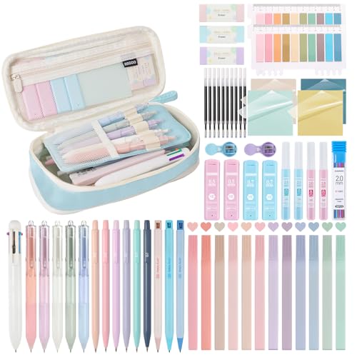 58 PCS Aesthetic School Supplies with Cute Pencil Case,12 Pastel Highlighters, 5 Gel Pens Black Ink，9 Mechanical Pencils for，Student Stationary，CollegeEssentials Gifts (Blue) - color: Blue