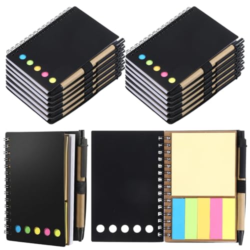 Ckhoid 12 Pack Lined Spiral Notebook Small Notepad and Pen Set Steno Pads Lined Notepad with Sticky Notes Page Marker Colored Index Black Pocket Notebook for Business Office School Supplies